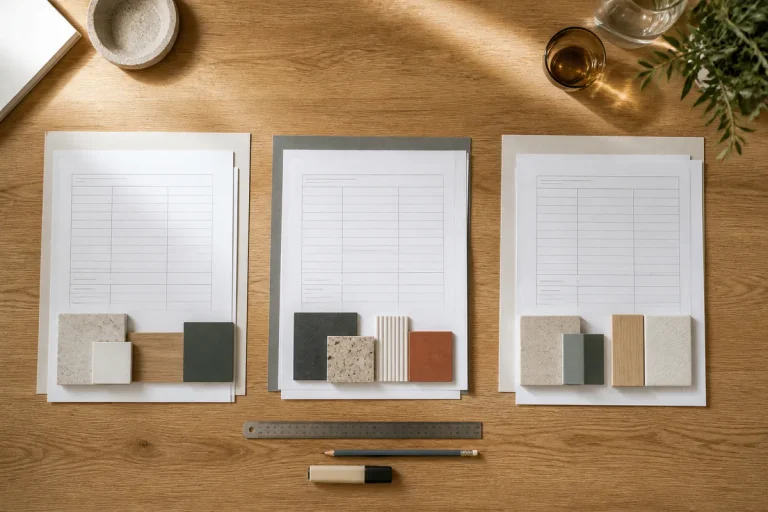 Tres conjuntos de propuestas sin texto con diferentes muestras de materiales sobre una mesa.