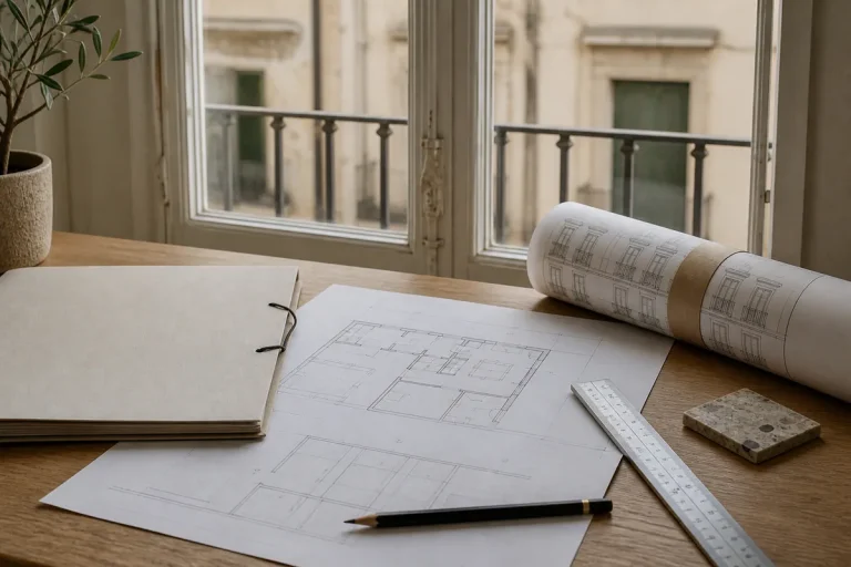 Planos, carpeta y regla junto a una ventana, como apoyo visual para revisar trámites de obra.
