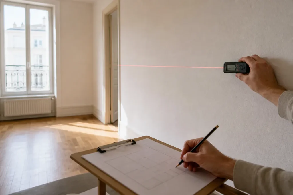 Manos tomando una medida con láser junto a un plano sin datos en una vivienda vacía.