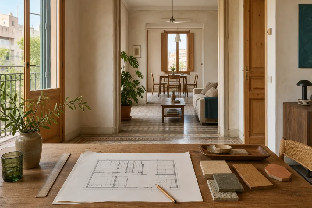 Plano y muestras de materiales ante un piso mediterráneo con estancias conectadas y luz natural.