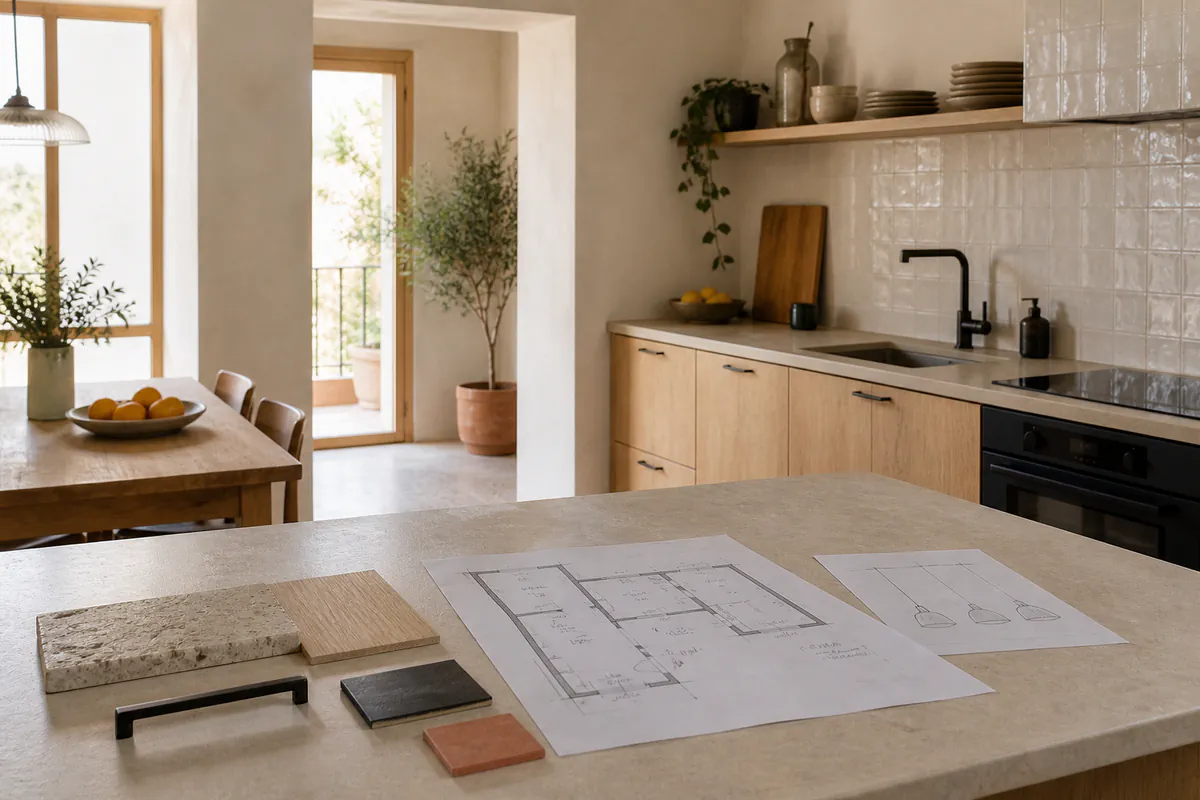 Plano y muestras sobre una isla frente a una cocina de madera conectada al comedor.