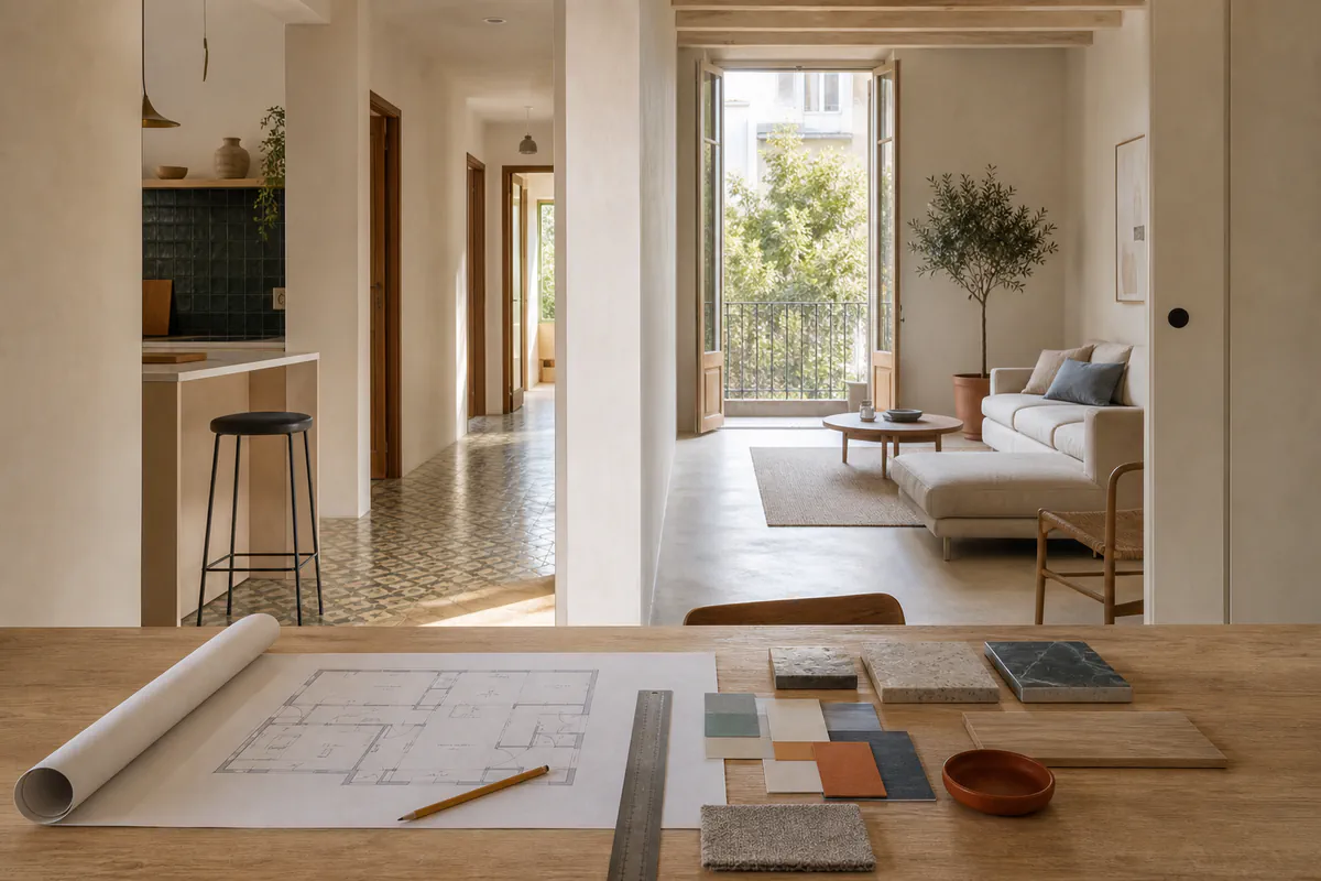Plano y muestras de materiales ante una vivienda donde se conectan cocina, pasillo y salón.