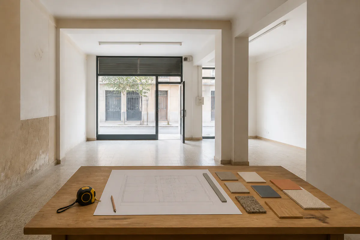 Local vacío con fachada acristalada y mesa de planificación con plano, cinta y materiales.