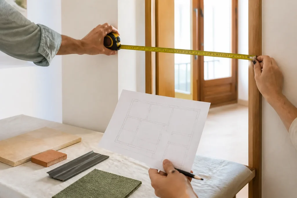 Dos personas miden con cinta métrica el hueco de un paso en una vivienda vacía mientras sostienen un plano de distribución