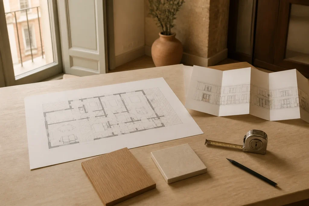 Plano de distribución de una vivienda y un alzado de fachada plegado sobre una mesa, junto a una cinta métrica, un lápiz y muestras de madera y piedra