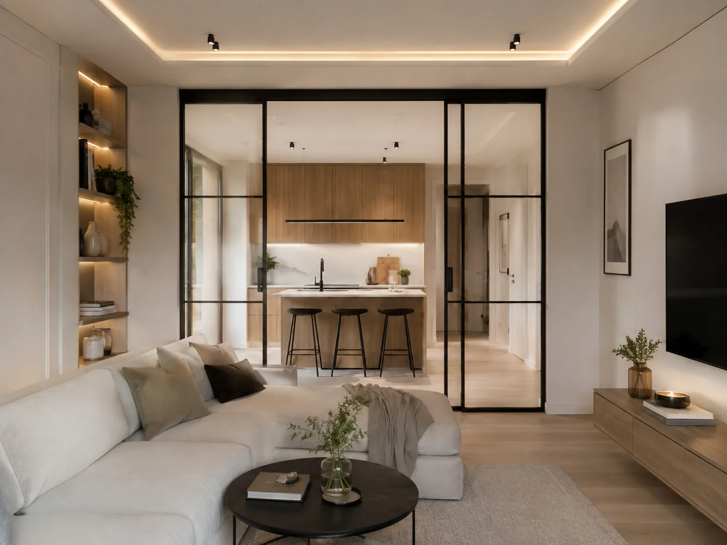 Salón minimalista con cocina acristalada