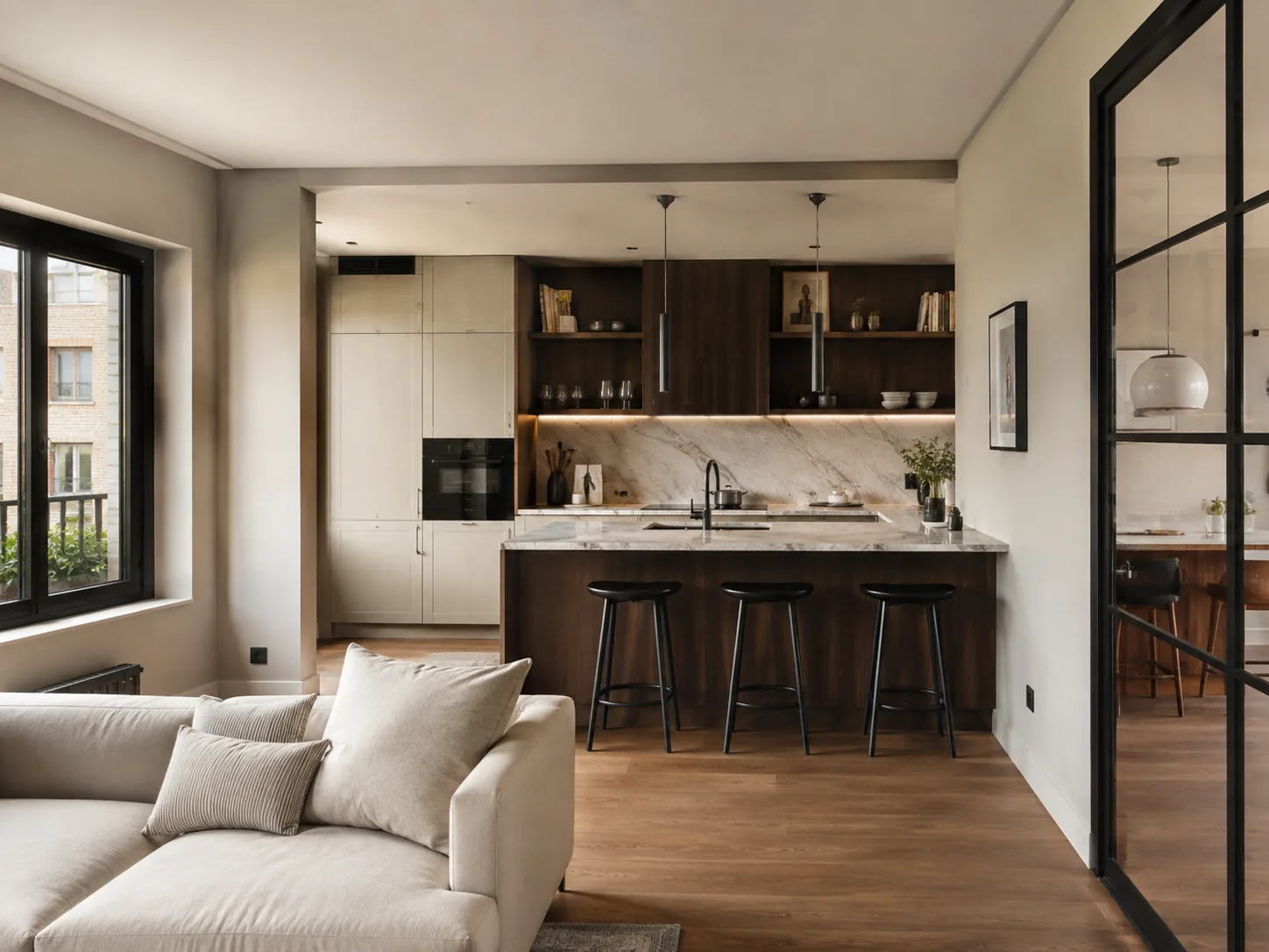Salón moderno con cocina abierta y isla mármol