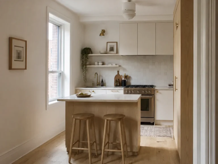Cocina escandinava luminosa con isla de madera