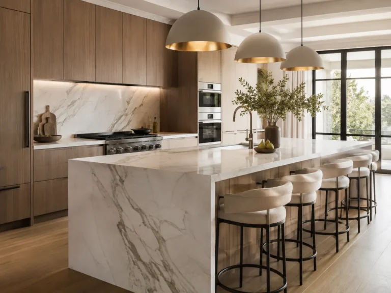 Cocina moderna con isla de mármol y luz cálida