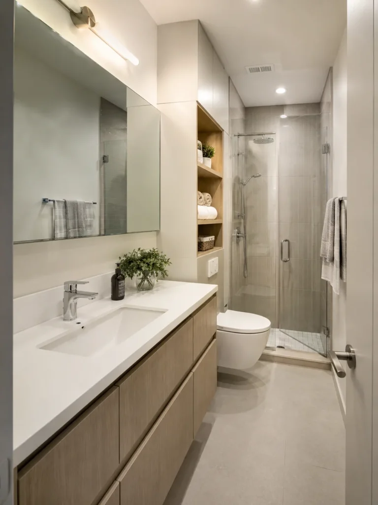 Baño moderno minimalista con ducha de cristal