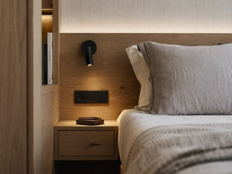 Rincón de dormitorio cálido y minimalista