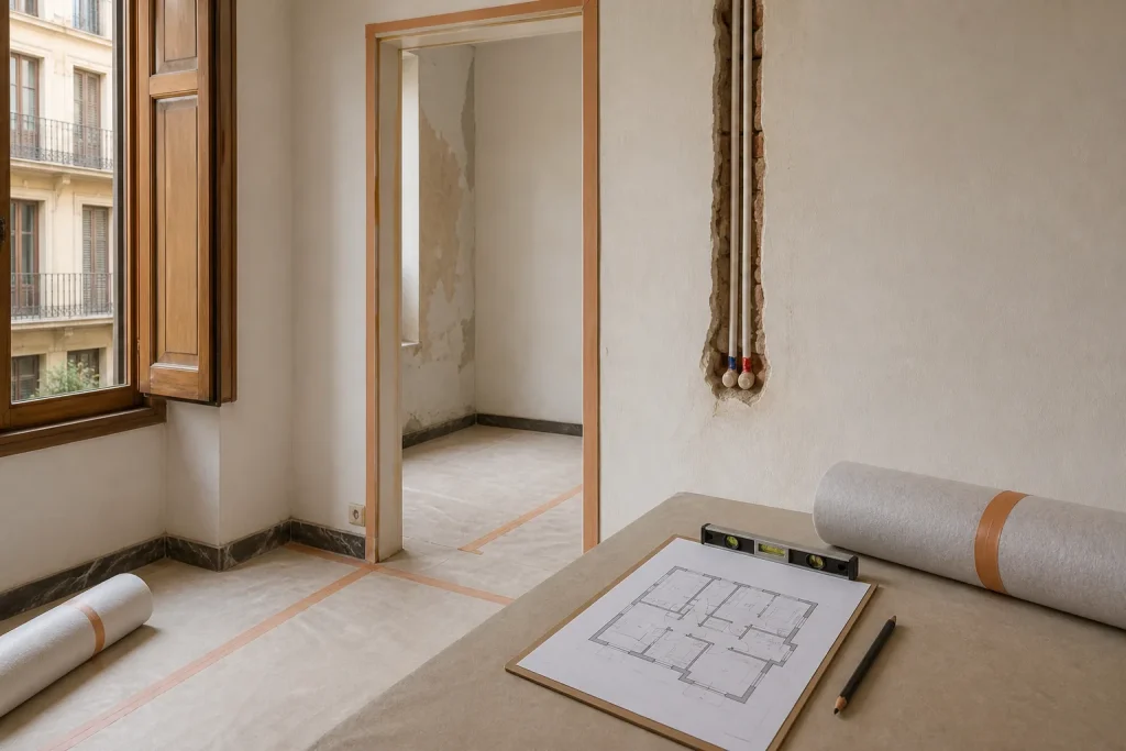 Estancia vacía con el suelo protegido y sellado con cinta, un plano sobre un tablero con nivel de burbuja y una roza abierta en la pared con dos tubos de fontanería